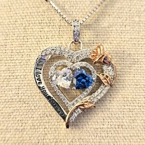 NEW 925 Silver Blue Clear Heart Pendant Necklace Rose Gold N1P74